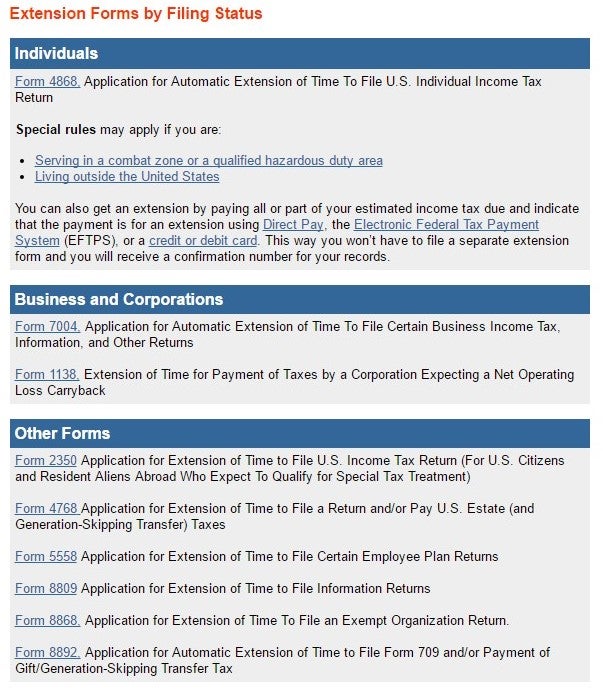 Extension Forms By Filing Status, IRS