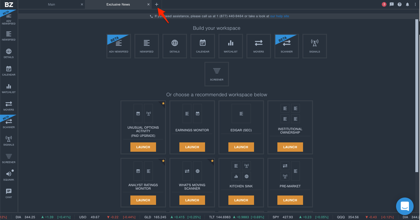 Screenshot of a new Benzinga Pro newsfeed with a red arrow pointing to the + symbol