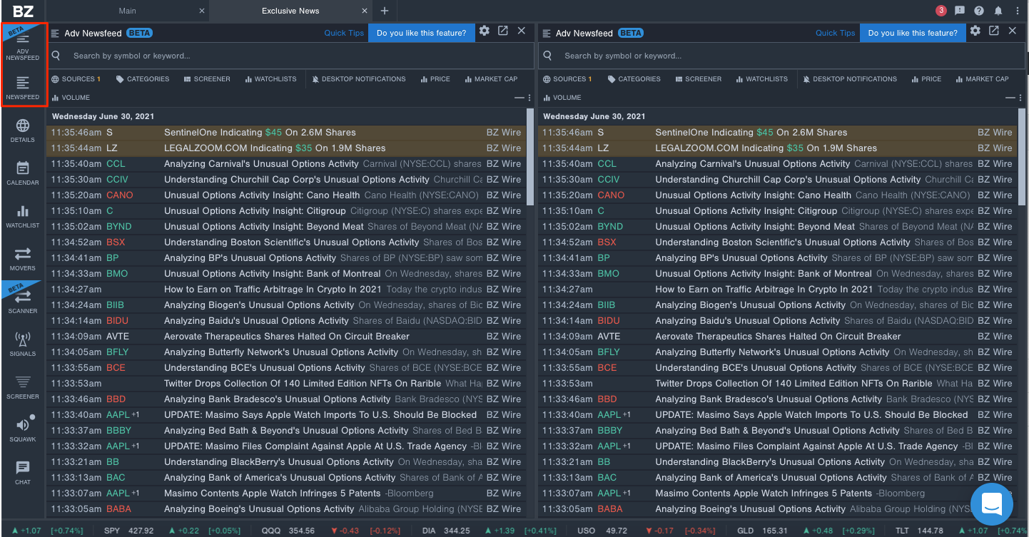 Screenshot of two Newsfeeds in Benzinga Pro, with a red box around the Newsfeed and Beta Advanced Newsfeed button. 