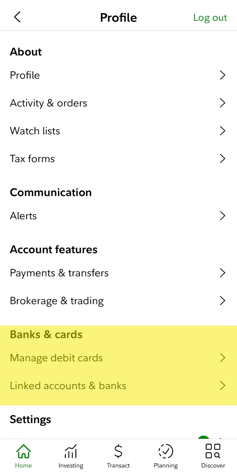 fidelity app interface for profile