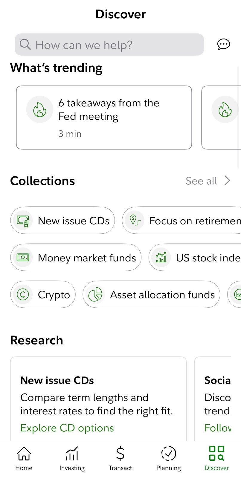 discover section on the fidelity app